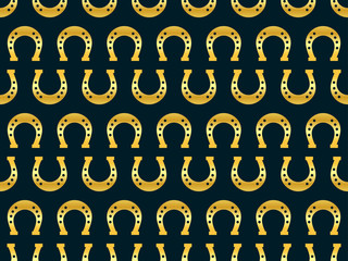 Golden horseshoes seamless pattern. Irish symbol of good luck. Background for greeting card, wrapping paper, promotional materials. Vector illustration