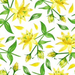 Fototapeta premium SEAMLESS BACKGROUND WITH YELLOW FLOWERS AND GREEN LEAVES