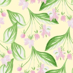SEAMLESS BACKGROUND WITH CHERRY BLOSSOMS AND GREEN LEAVES