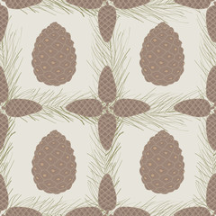 Vector Brown Pinecones and Green Pine Needles on Beige Background Seamless Repeat Pattern. Background for textile, book covers, manufacturing, wallpapers, print, gift wrap and scrapbooking.