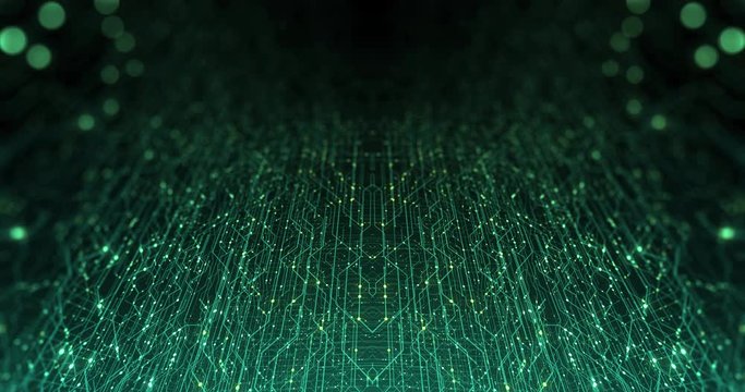 Abstract digital city. Digital Circuit board, Motherboard, Digital chip. Digitalization of Information: IT, IOT, Server, Data Center. Animated Visualization Network Data. 3D render, 4K seamless loop