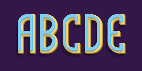 A, B, C, D, E blue yellow volumetric letters. Urban 3d font.