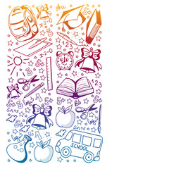 School pattern. Vector doodle style icons. Mathematis, astronomy, geography, biology, physics.