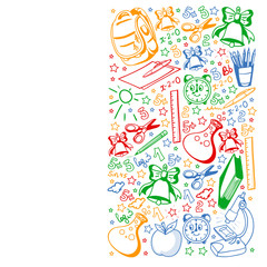 School pattern. Vector doodle style icons. Mathematis, astronomy, geography, biology, physics.