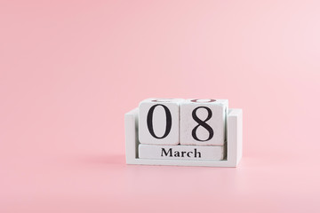 8th March Calendar on pink background with copy space for text. Love, Equal and International Women day concept