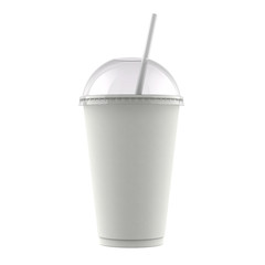 White Paper Fast Food Soda, Slush, Shake or Cola Disposable Cup with Bubble Convex Lid and Drinking Straw. 3D Render Isolated on White Background.