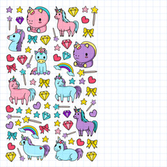 Children pattern with fairy tale unicors for kids clothes, posters, banners, shirts. Vector image with cartoon character.