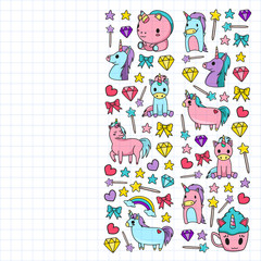 Children pattern with fairy tale unicors for kids clothes, posters, banners, shirts. Vector image with cartoon character.