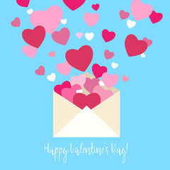 Love. Saint Valentines Day. Open flat envelope with pink hearts. Romantic mail. Veector illustration