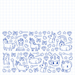 Children pattern with fairy tale unicors for kids clothes, posters, banners, shirts. Vector image with cartoon character.