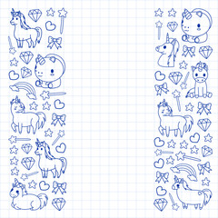 Children pattern with fairy tale unicors for kids clothes, posters, banners, shirts. Vector image with cartoon character.