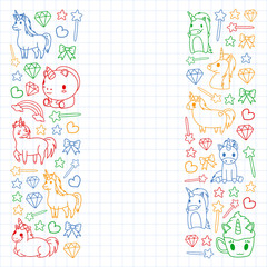 Children pattern with fairy tale unicors for kids clothes, posters, banners, shirts. Vector image with cartoon character.