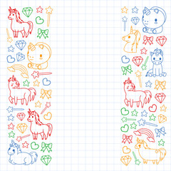 Children pattern with fairy tale unicors for kids clothes, posters, banners, shirts. Vector image with cartoon character.