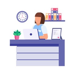 Reception desk with young woman. Flat vector illustration on white background.