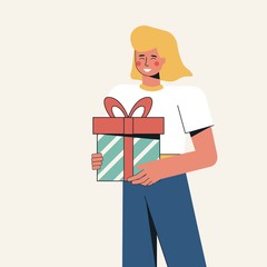 Vector illustration of a happy girl holding a gift in her hands. Gets a gift or presents a gift box. Holiday concept birthday, christmas, valentines day or special offer, promotion, win.