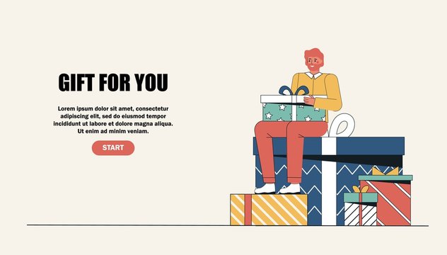 A man sits on a large gift box. Man greeting with happy holiday, happy birthday. Vector flat style website template, web page and landing page design for website and mobile site development.