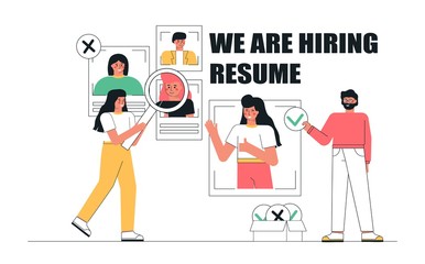 Concepts for human resource and recruitment. Flat trendy vector illustration, curriculum vitae recruitment candidate job position. Hr manager holding a magnifier, search cv and profile of employees.