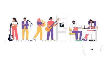 Casting a music group or creative people for a job. People, a man and a woman stand with a microphone, a guitar, a saxophone to win a competition for a vacant place.