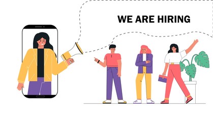 Vector flat modern illustration, woman shouting on megaphone or loudspeaker and recruiting new employees people to work. A group candidate is waiting in line for a job.