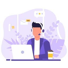 Customer service, operator man sitting at table with a laptop, with headphones and a microphone, around icons support elements, coffee and flowers . Flat style vector illustration.