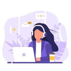 Customer service, woman with long hair sitting at table with a laptop, with headphones and a microphone, around icons support elements, coffee and flowers . Flat style vector illustration.