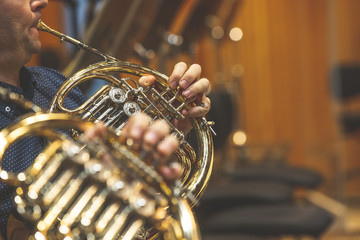 Man playing on french horn during philharmonic concert, art, concert