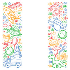 Vector pattern with toys for little kindergarten children. Dinosaur, teddy bear, rocket, ship, airplane, balloon, car, motorcycle, truck.