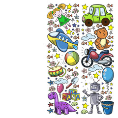 Vector pattern with toys for little kindergarten children. Dinosaur, teddy bear, rocket, ship, airplane, balloon, car, motorcycle, truck.