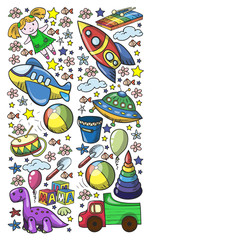 Vector pattern with toys for little kindergarten children. Dinosaur, teddy bear, rocket, ship, airplane, balloon, car, motorcycle, truck.