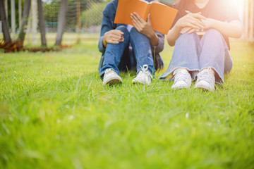 University students laying on the grass and read a book together.