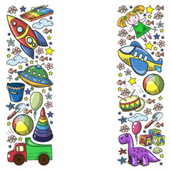 Vector pattern with toys for little kindergarten children. Dinosaur, teddy bear, rocket, ship, airplane, balloon, car, motorcycle, truck.