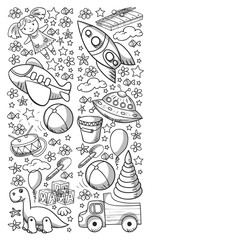 Obraz premium Vector pattern with toys for little kindergarten children. Dinosaur, teddy bear, rocket, ship, airplane, balloon, car, motorcycle, truck.