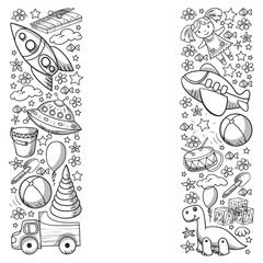 Vector pattern with toys for little kindergarten children. Dinosaur, teddy bear, rocket, ship, airplane, balloon, car, motorcycle, truck.