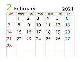 2021年カレンダー　2月