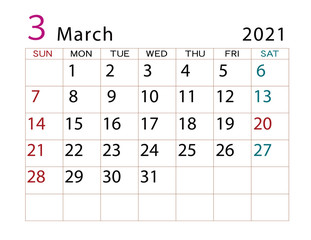 2021年カレンダー　3月