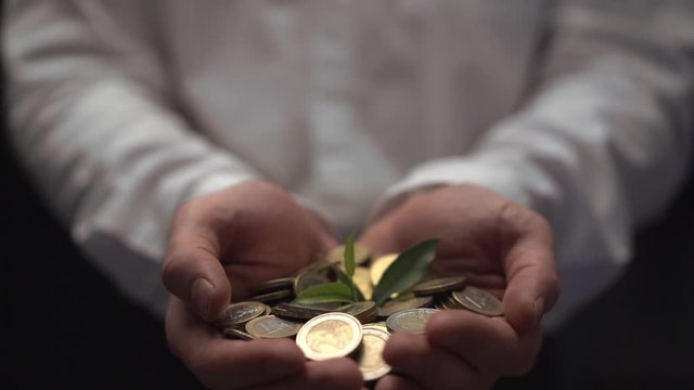 Management efficiency. Green leaf of sprout growing in the hands of an experienced seller or bank or insurance broker out of golden coins. Concept for investment and passive income for retirement 