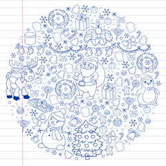 Merry Christmas and happy new year. Santa Claus, deer, snowman, penguin. Vector pattern.