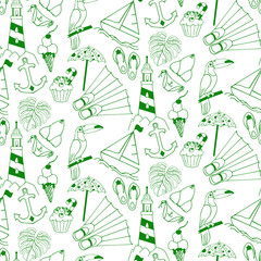 Sunny yellow Seamless patern summer background. Weekend Travel, Tourism, Holiday. Hand drawn sketch illustration of summer symbols: sea, vacation, beach, swimsuit, ice cream.