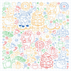 Obraz premium Merry Christmas and happy new year. Santa Claus, deer, snowman, penguin. Vector pattern.