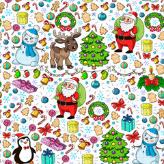 Merry Christmas and happy new year. Santa Claus, deer, snowman, penguin. Vector pattern.