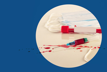 Surgical or viral mask, syringe and blood sample, vaccine ampoule. Virus epidemic concept, medical...