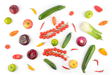 Top view of healthy vegetables and fruits isolated on white