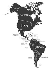 America continent map with countries and labels black