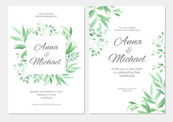 Fototapeta na wymiar Wedding invitation with green leaves border. Floral invite modern card template set. Vector illustration