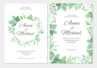 Wedding invitation with green leaves border. Floral invite modern card template set. Vector illustration.
