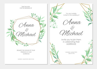 Wedding invitation with green leaves geometric border. Floral invite modern card template set. Vector illustration.