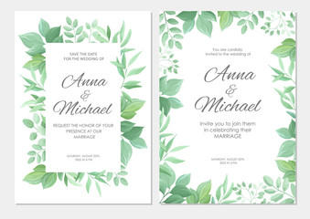 Wedding invitation with green leaves border. Floral invite modern card template set. Vector illustration.