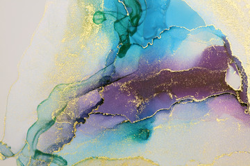 Abstract paint blue and violet wave blots background. Alcohol ink colors. Marble texture.