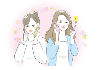 スマホで話す　女性　かわいい　仲良し　イラスト 素材