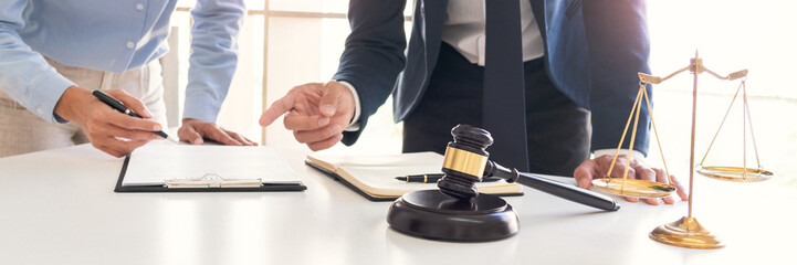 Male lawyer or judge consult with client check contract papers recommend legal proposals, Law...
